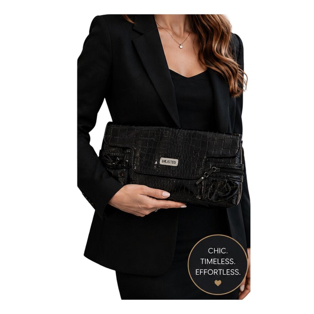 Unlisted Clutch Purse Black Croc Embossed Snap Close Patent Y2K Bag Luxury Glam